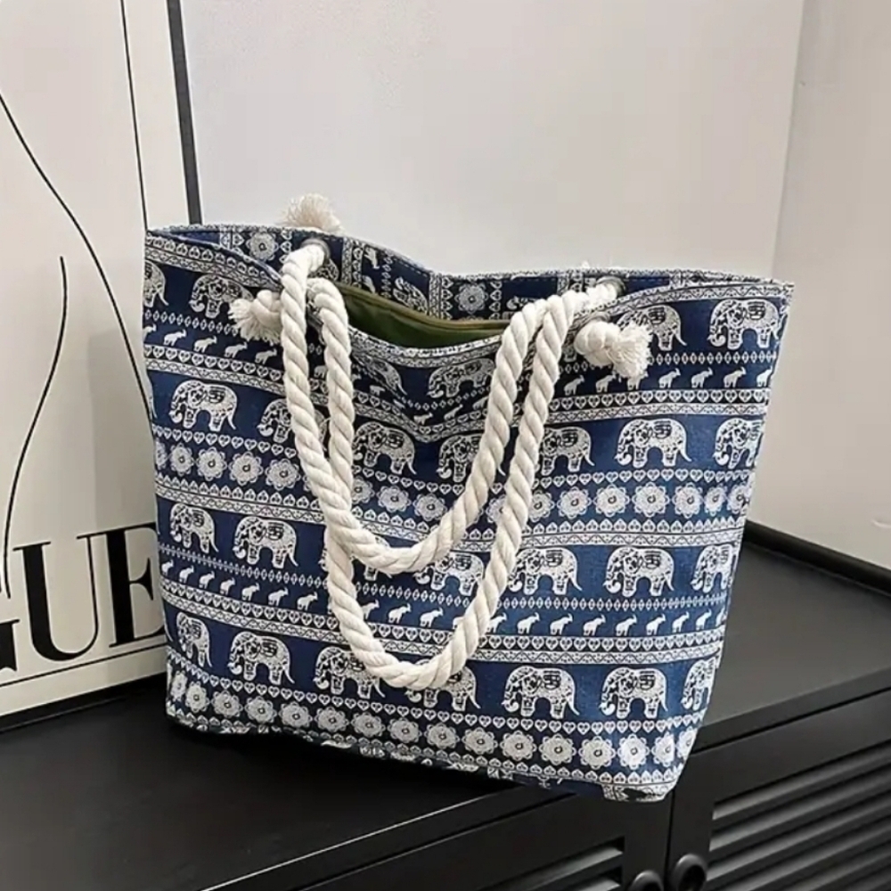 New Blue White Beach Zippered Tote Bag Elephant 17 X 12" Rope Handle - Picture 1 of 4